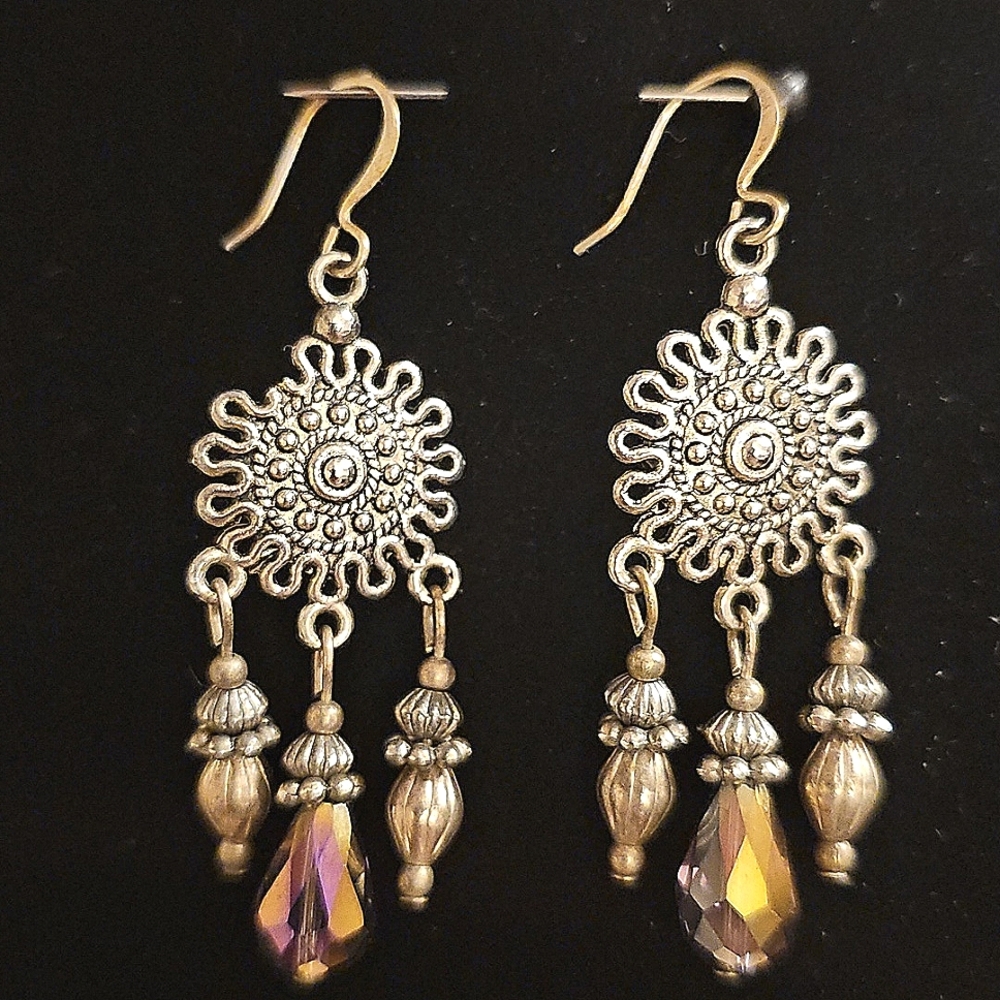 Vintage Boho Sun Dangling Earrings with AB Crytal Teardrop Beads